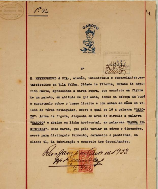 Pedido de registro da marca Garoto feito pela H. Meyerfreund & Cia., de Vila Velha, com a figura do menino de boné. Documento de 1933. Fonte: Imagens divulgação.