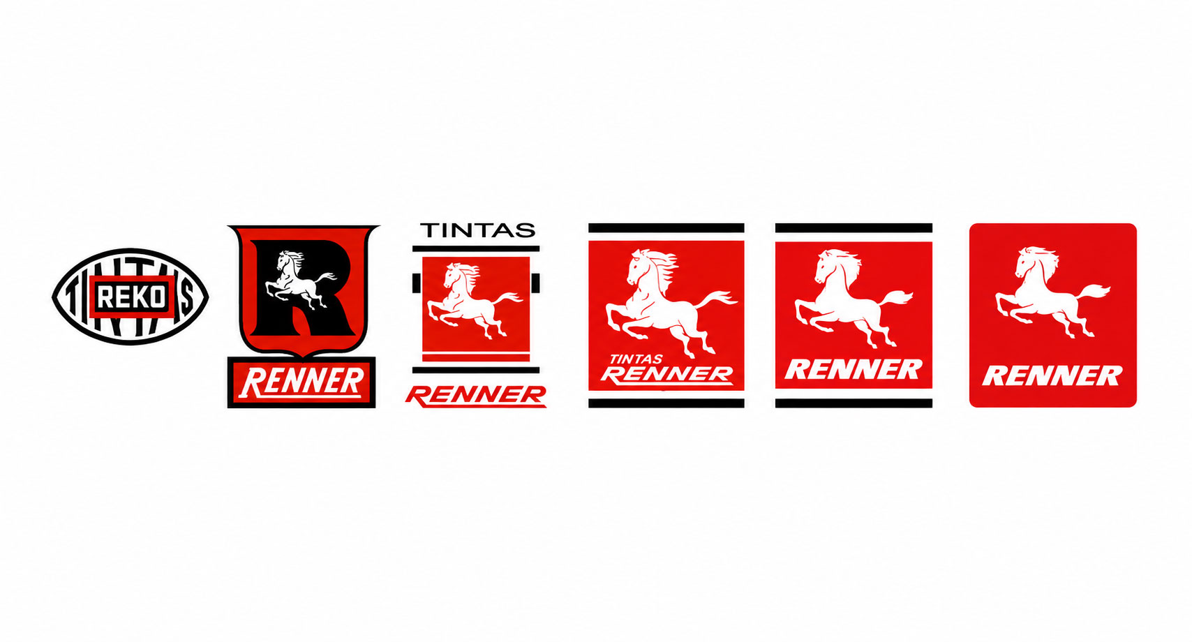 A evolução da marca, do selo Reko ao cavalinho branco que se tornou o símbolo da Renner. Fonte: Imagens divulgação.